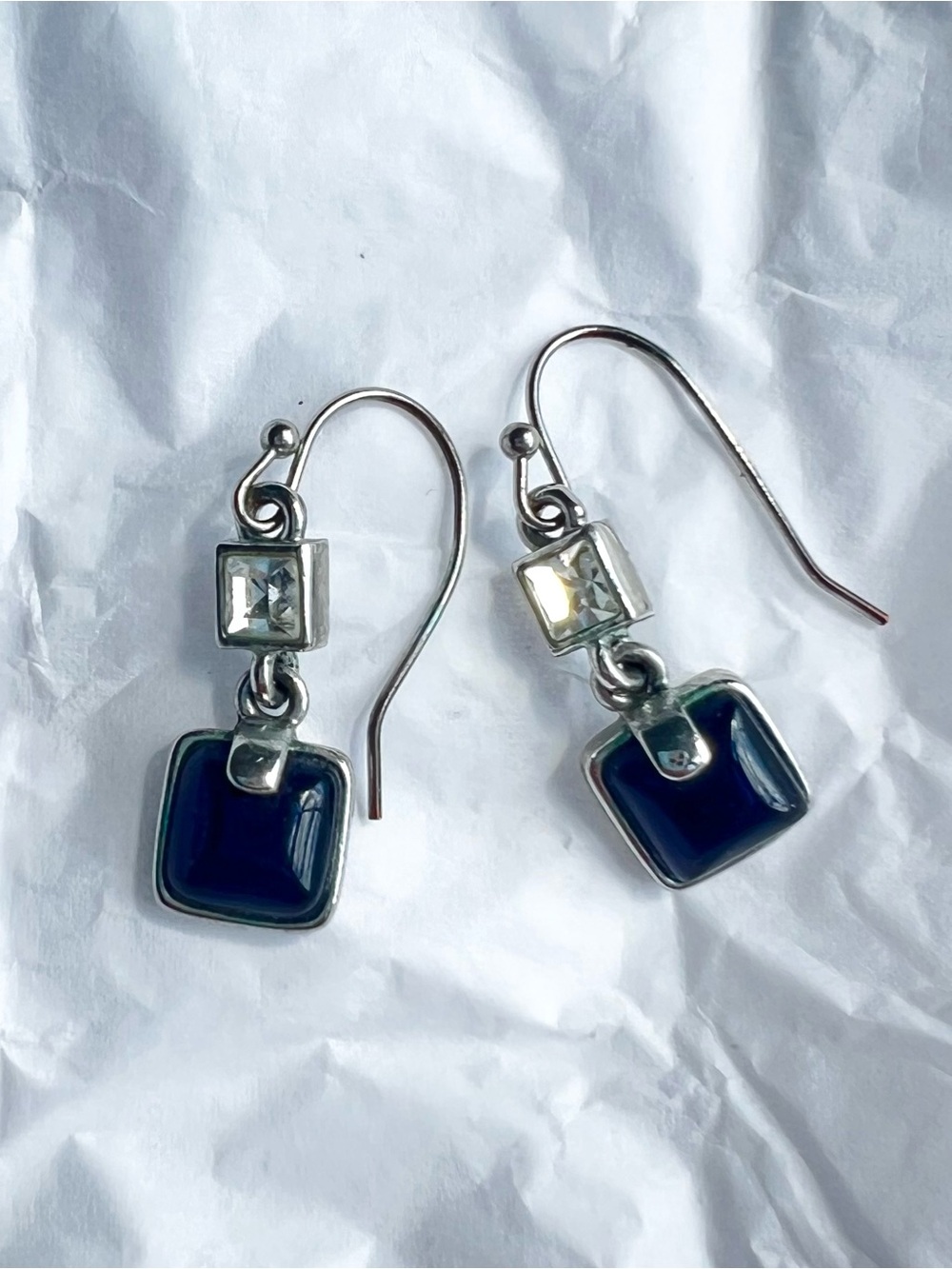 Lia Sophia Silver Drop Earrings with Navy Blue Square Stones